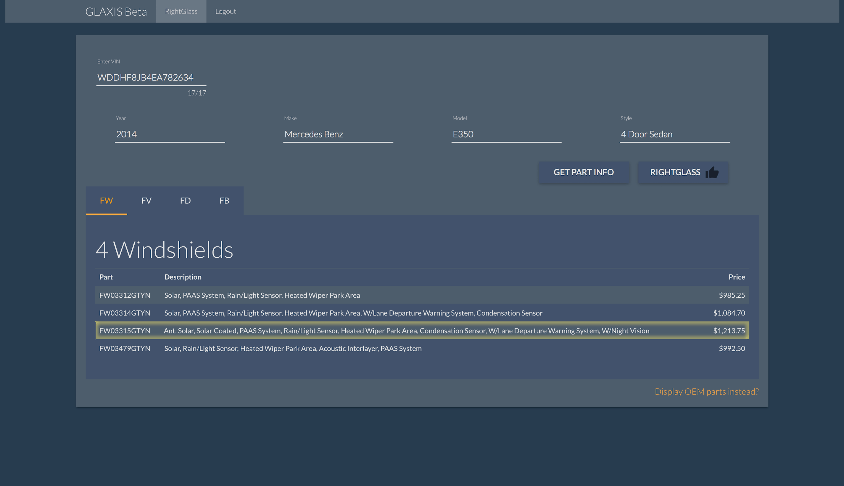 RightGlass OEM Auto Glass Lookup